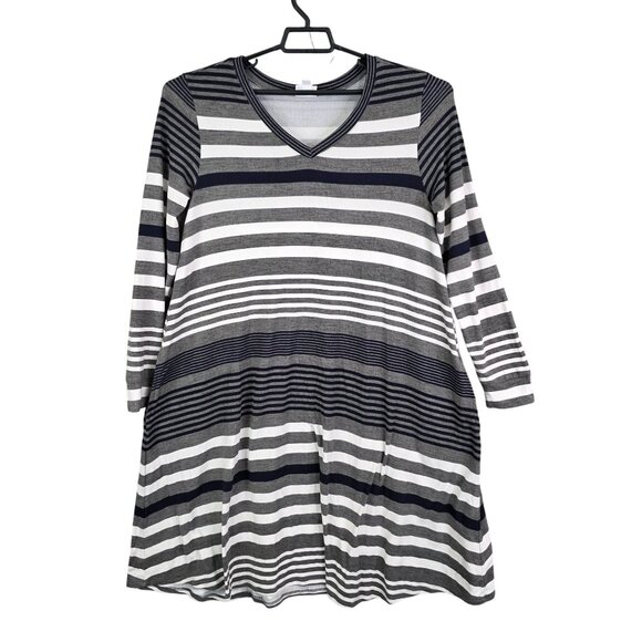 Womens LuLaRoe Gray & White Striped Emily Dress Long Sleeve V Neck Stretch L - Picture 1 of 8